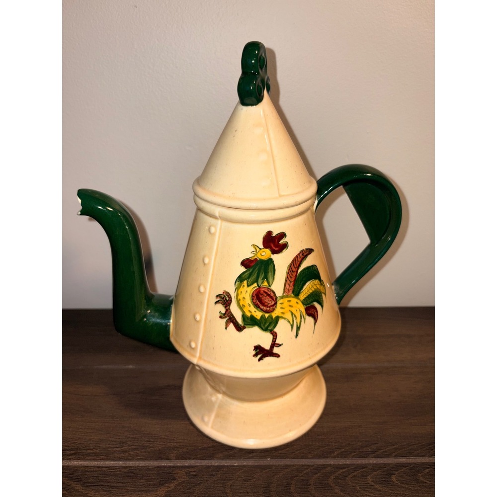 Vintage Metlox Poppytrail California Dark Green‎ Rooster Tea Pot W/ Lid